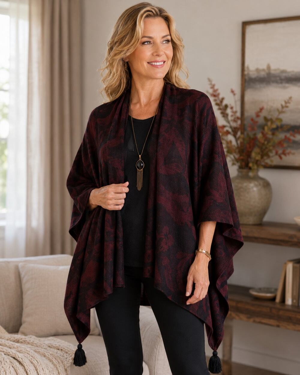 Cleobella Burgundy Black Knit Poncho Wrap Tassel Hem One Size